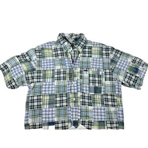 IZOD Jeans‎ Mens Shirt Patchwork Short Sleeve Green Blue, MEDIUM